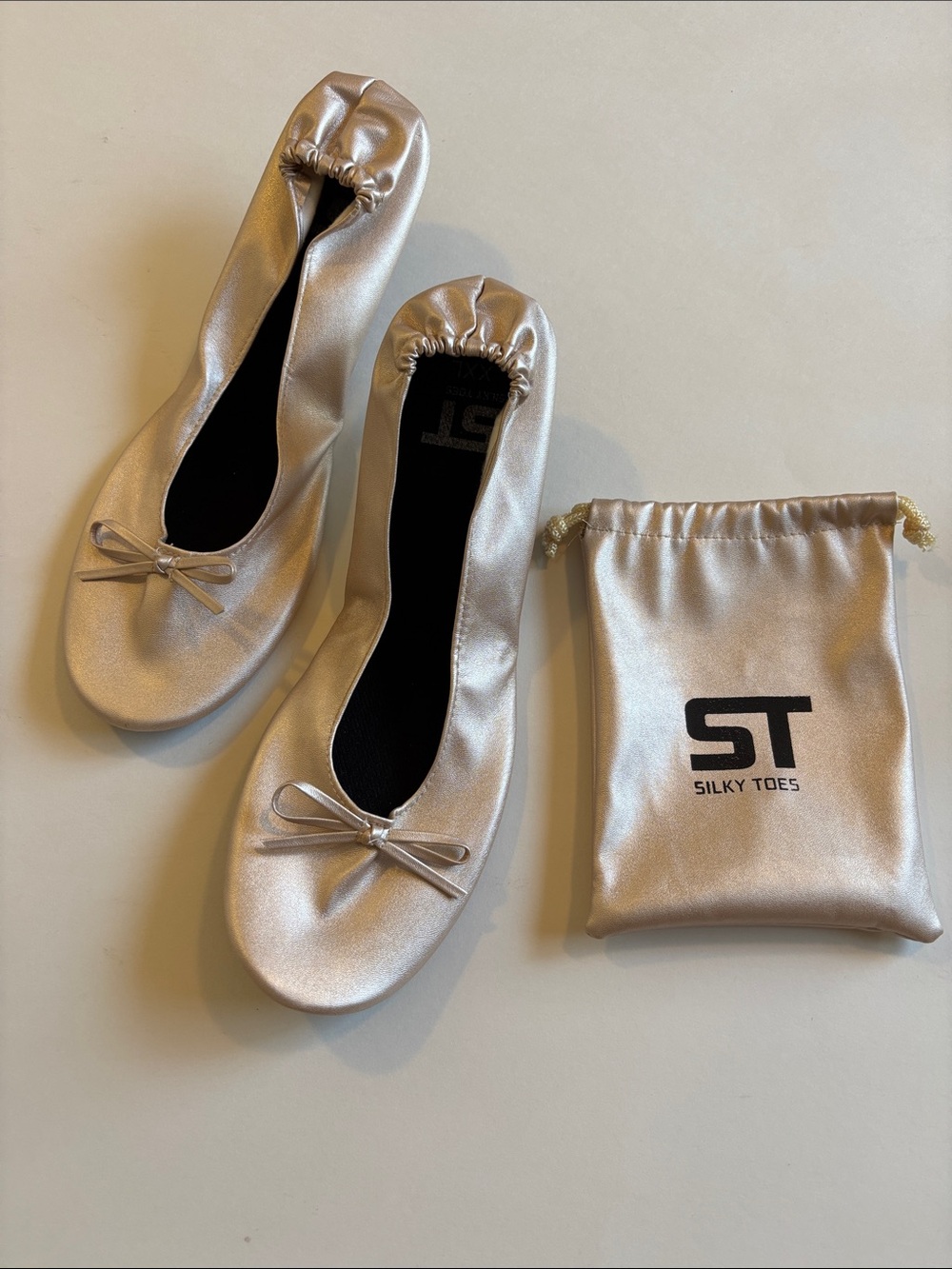 NWOT! Satin Pearl Ballet Flats with Drawstring Travel Pouch